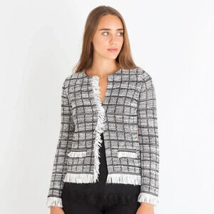 D. Exterior Made in Italy  Houndstooth Knitted Fringed Jacket